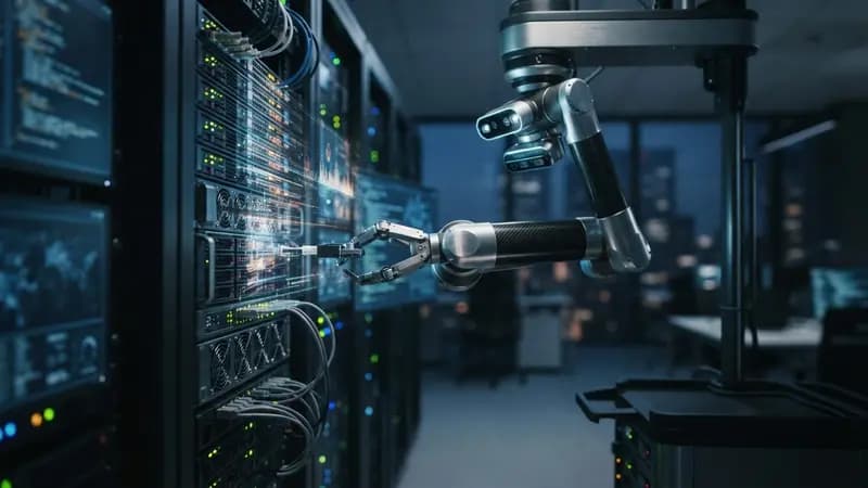 Representação digital de um robô de IA acessando linhas de código e servidores de rede em um ambiente de escritório.