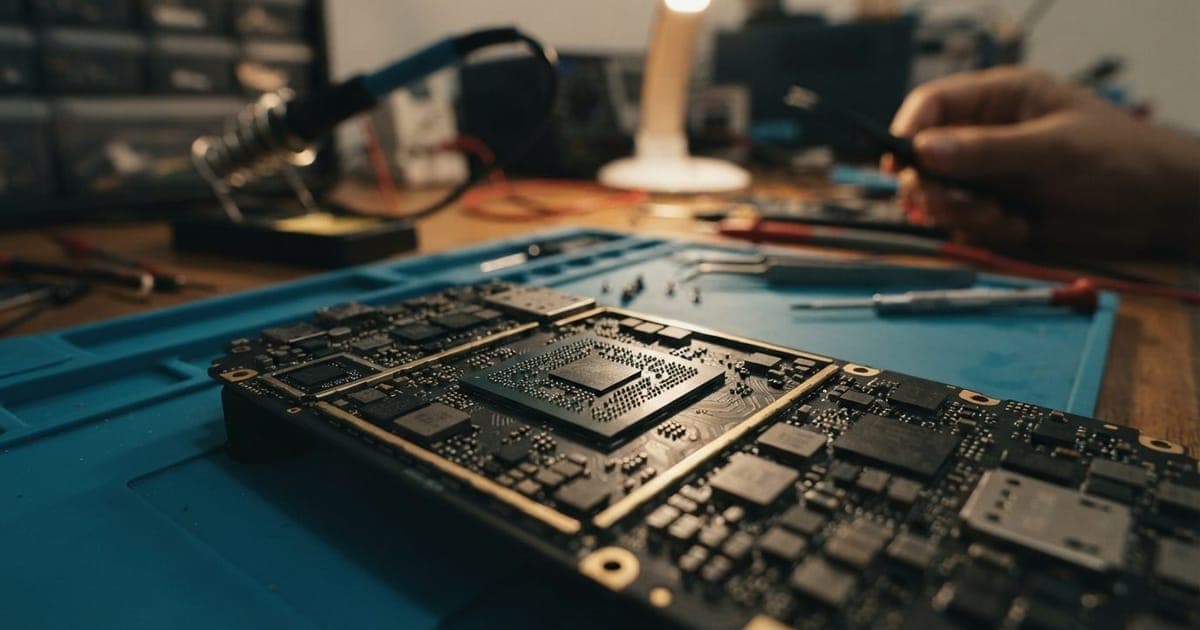 Close-up em uma placa de circuito de smartphone com processador Snapdragon visível em uma bancada de eletrônicos.