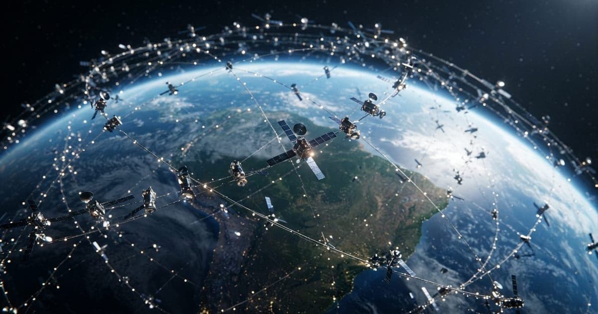 Ilustração 3D de diversos satélites em órbita terrestre, simbolizando a expansão da conectividade global da rede Amazon.