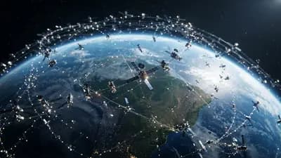 Ilustração 3D de diversos satélites em órbita terrestre, simbolizando a expansão da conectividade global da rede Amazon.
