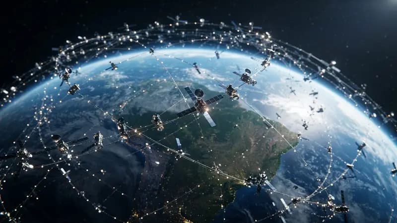 Ilustração 3D de diversos satélites em órbita terrestre, simbolizando a expansão da conectividade global da rede Amazon.