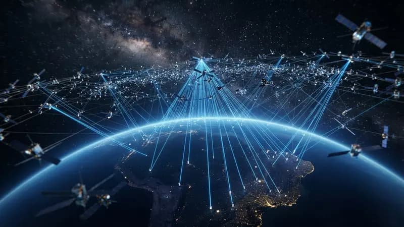 Representação gráfica de uma constelação de satélites orbitando a Terra com feixes de luz conectados a smartphones.
