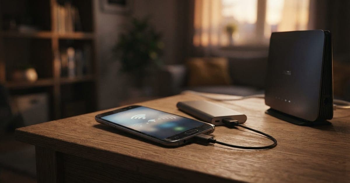 Smartphone Android antigo sobre uma mesa sendo configurado como repetidor Wi-Fi próximo a um roteador moderno