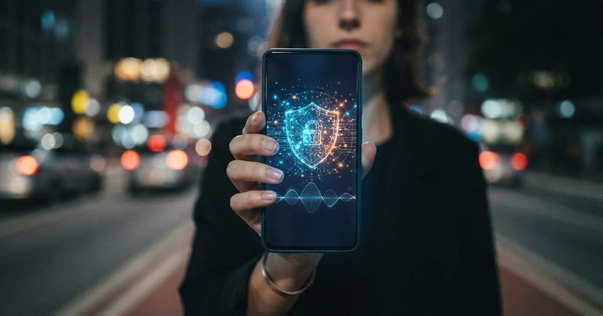 Smartphone Android em uma mão sendo bloqueado por sistema de segurança digital via inteligência artificial