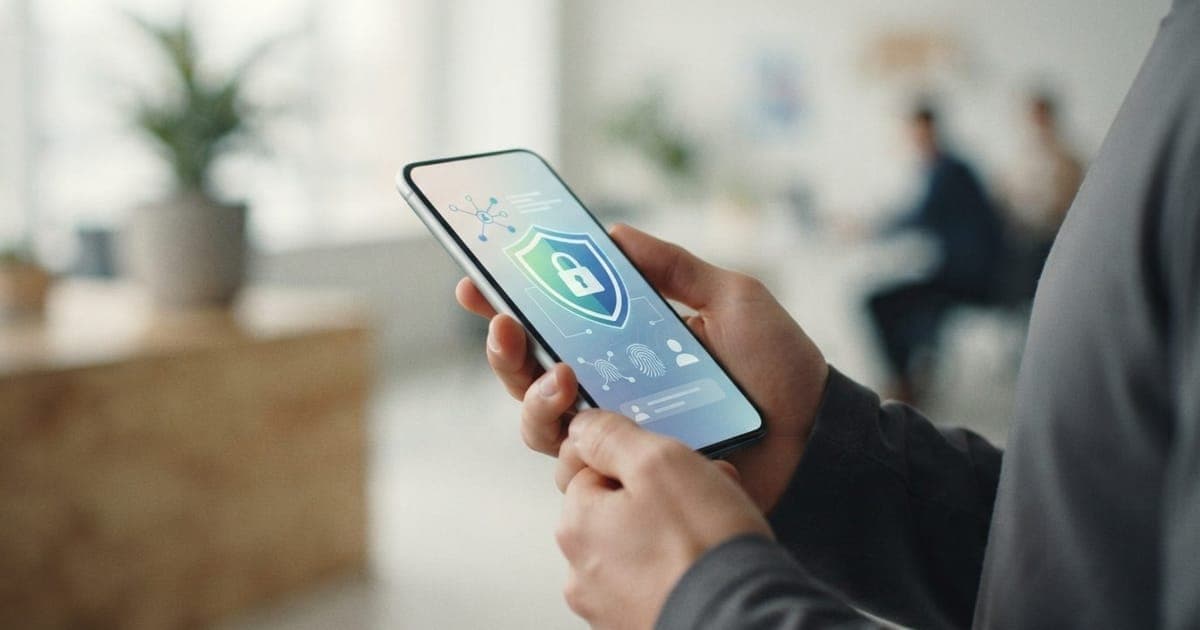 Smartphone exibindo tela de verificação de identidade com ícones de proteção de dados e privacidade em ambiente neutro.