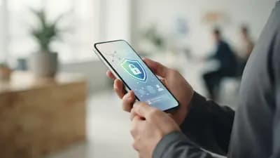 Smartphone exibindo tela de verificação de identidade com ícones de proteção de dados e privacidade em ambiente neutro.