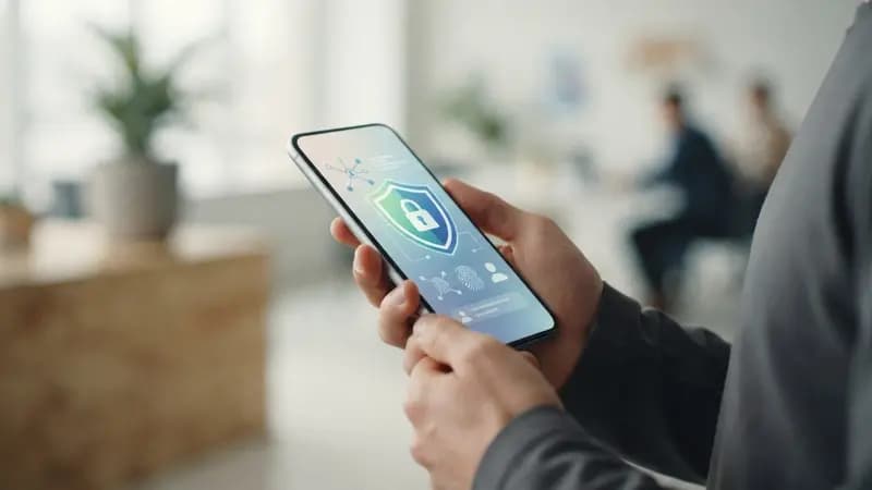 Smartphone exibindo tela de verificação de identidade com ícones de proteção de dados e privacidade em ambiente neutro.