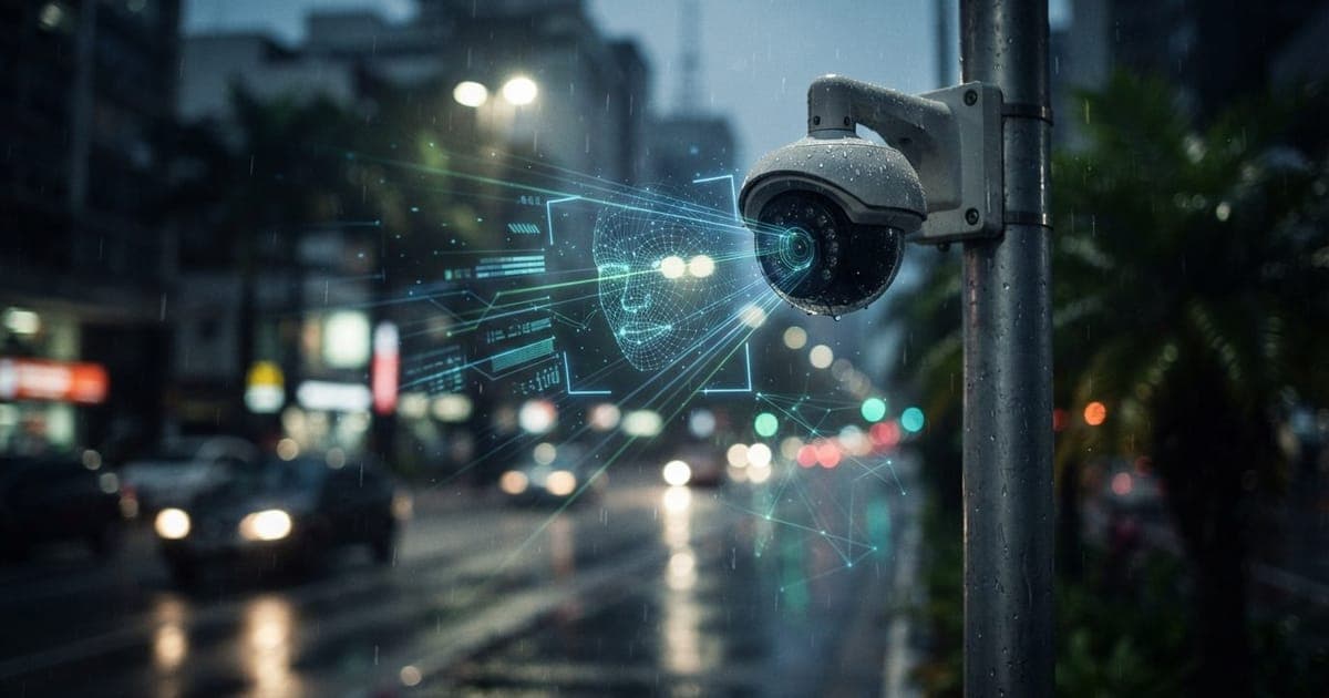 Câmera de monitoramento urbana em poste metálico capturando fluxos de dados biométricos em ambiente digital