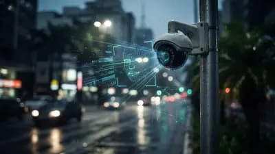 Câmera de monitoramento urbana em poste metálico capturando fluxos de dados biométricos em ambiente digital