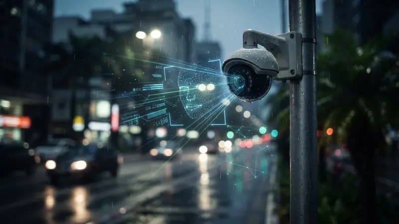 Câmera de monitoramento urbana em poste metálico capturando fluxos de dados biométricos em ambiente digital