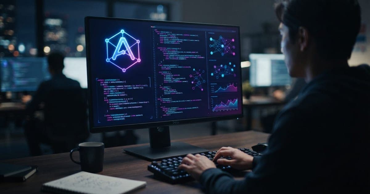Interface de código de inteligência artificial em monitor escuro com ícone da Anthropic brilhando em tons de azul e roxo.
