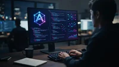 Interface de código de inteligência artificial em monitor escuro com ícone da Anthropic brilhando em tons de azul e roxo.