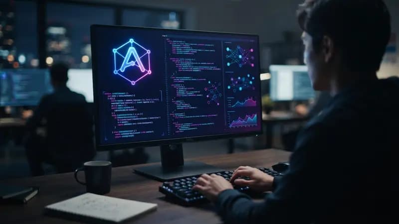 Interface de código de inteligência artificial em monitor escuro com ícone da Anthropic brilhando em tons de azul e roxo.