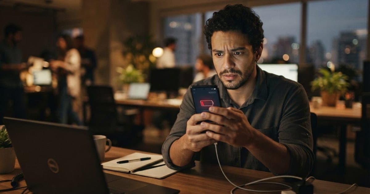 Homem olhando confuso para tela de smartphone exibindo aviso de bateria fraca em ambiente de escritório