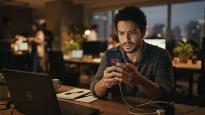 Homem olhando confuso para tela de smartphone exibindo aviso de bateria fraca em ambiente de escritório