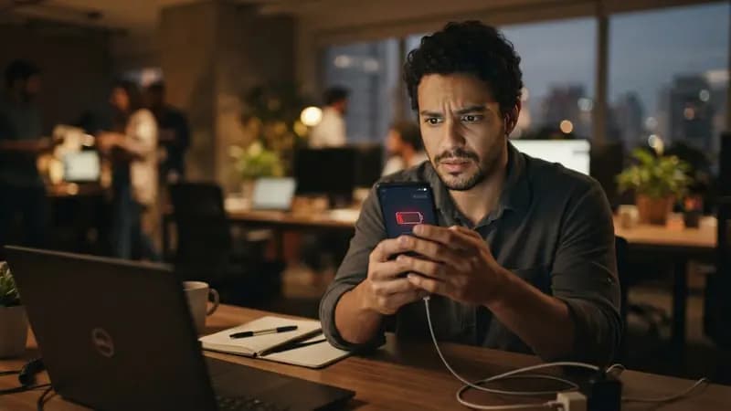 Homem olhando confuso para tela de smartphone exibindo aviso de bateria fraca em ambiente de escritório