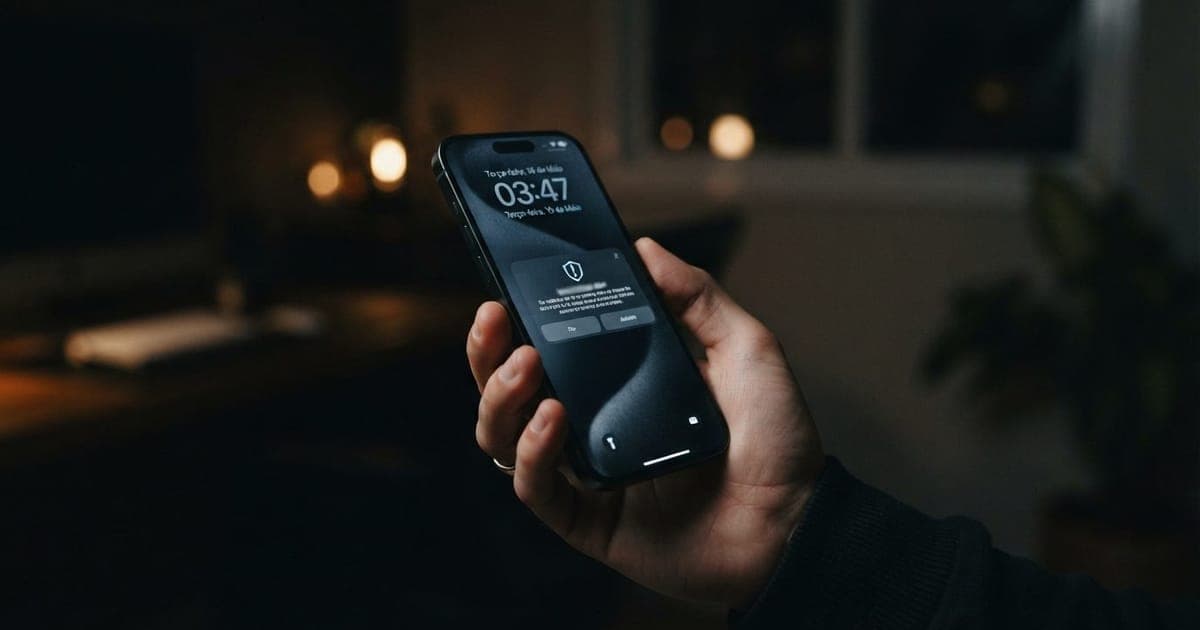 Notificação de alerta de segurança da Apple exibida na tela de bloqueio de um iPhone em ambiente escuro.