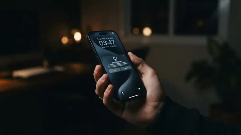 Notificação de alerta de segurança da Apple exibida na tela de bloqueio de um iPhone em ambiente escuro.