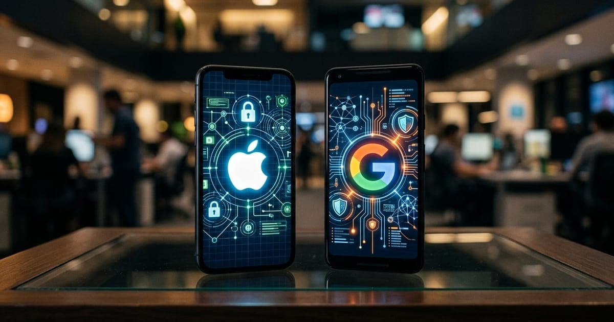 Logotipos da Apple e Google exibidos em telas de smartphones lado a lado com elementos gráficos de segurança digital.