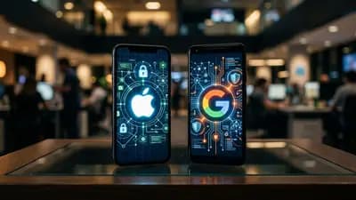 Logotipos da Apple e Google exibidos em telas de smartphones lado a lado com elementos gráficos de segurança digital.