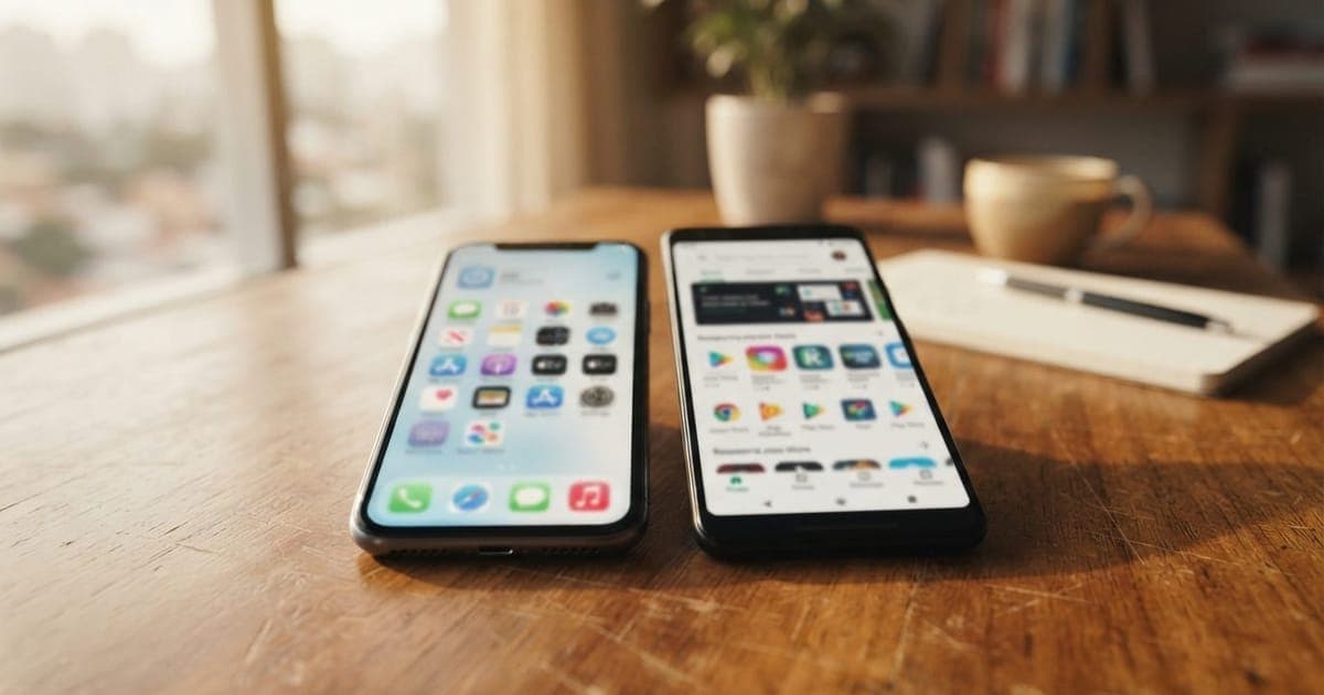 Dois celulares exibindo as lojas virtuais da Apple e Google sobre uma mesa de madeira de escritório iluminada.