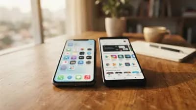 Dois celulares exibindo as lojas virtuais da Apple e Google sobre uma mesa de madeira de escritório iluminada.
