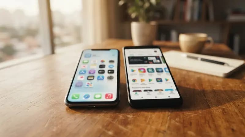 Dois celulares exibindo as lojas virtuais da Apple e Google sobre uma mesa de madeira de escritório iluminada.