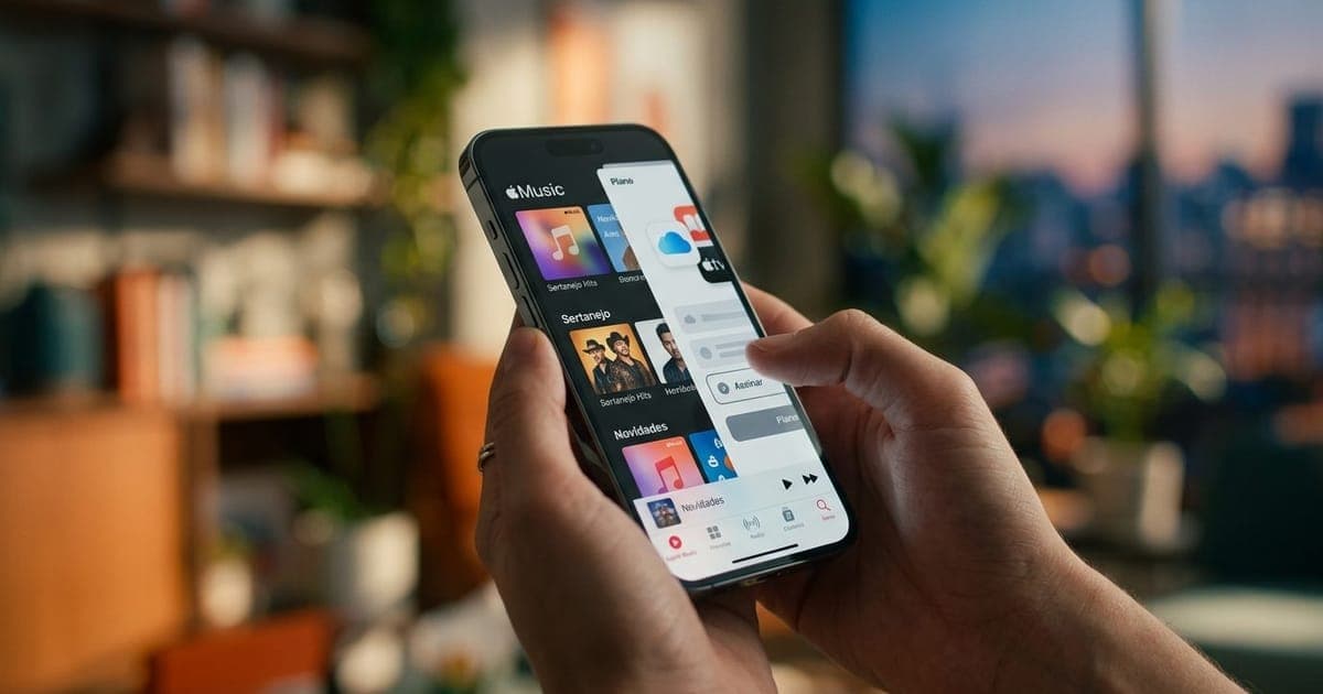 Interface dos aplicativos Apple Music e Apple One exibidos na tela de um iPhone com fundo colorido ao fundo.