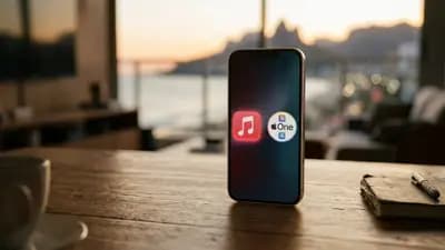 Logotipos dos serviços Apple Music e Apple One exibidos na tela de um smartphone iPhone}fone.