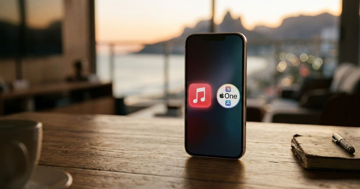 Logotipos dos serviços Apple Music e Apple One exibidos na tela de um smartphone iPhone}fone.