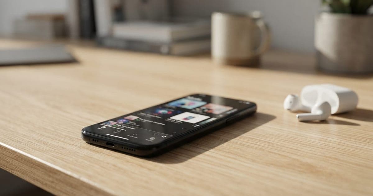 Smartphone preto exibe a interface do aplicativo Apple Music sobre uma mesa de madeira clara ao lado de fones de ouvido sem fio brancos.