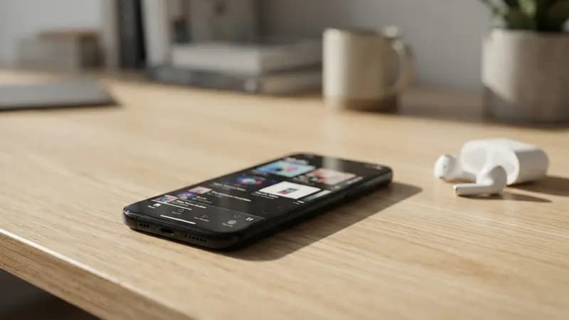 Smartphone preto exibe a interface do aplicativo Apple Music sobre uma mesa de madeira clara ao lado de fones de ouvido sem fio brancos.