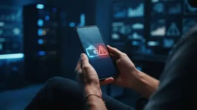 Smartphone exibindo ícone de carteira digital e interface de segurança com símbolo de alerta em fundo tecnológico azul.
