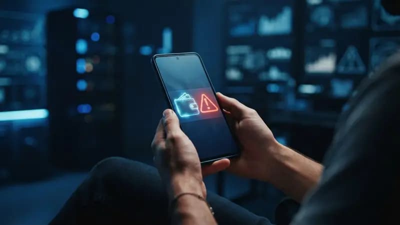 Smartphone exibindo ícone de carteira digital e interface de segurança com símbolo de alerta em fundo tecnológico azul.