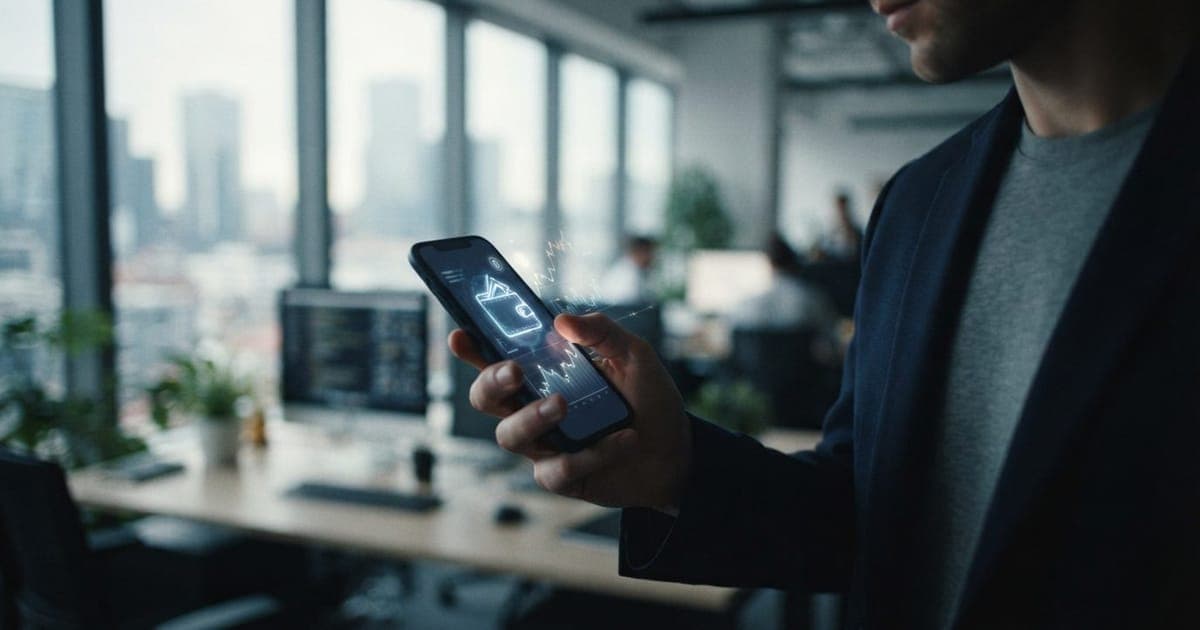 Smartphone exibindo ícone de carteira digital e gráficos de criptomoedas em um ambiente de escritório moderno