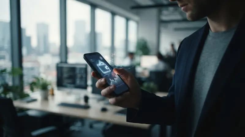 Smartphone exibindo ícone de carteira digital e gráficos de criptomoedas em um ambiente de escritório moderno