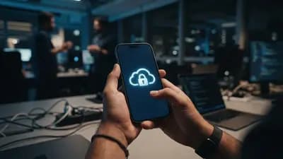Dispositivo iPhone exibindo ícone de nuvem com cadeado de segurança em ambiente de escritório tecnológico moderno.