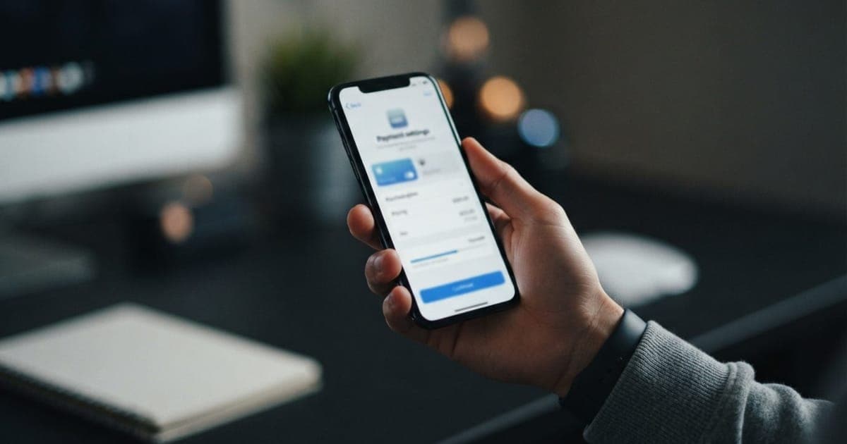 Smartphone exibindo interface da App Store com opções de pagamento digital em um fundo neutro.