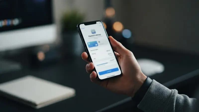 Smartphone exibindo interface da App Store com opções de pagamento digital em um fundo neutro.