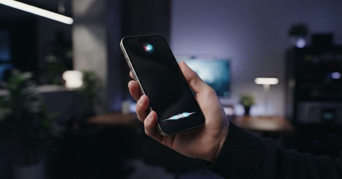 Close-up de um iPhone exibindo interface da Siri em um ambiente moderno e minimalista com luzes de LED suaves.