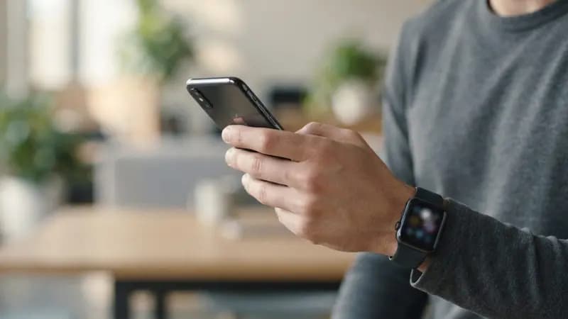 Close-up de mão segurando iPhone e Apple Watch com fundo neutro representando dispositivos do ecossistema Apple.