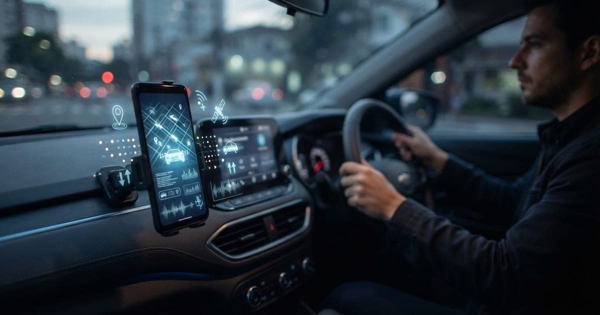 Smartphone conectado ao painel de um carro moderno exibindo ícones de transmissão de dados e rastreamento