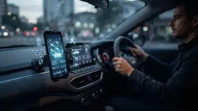 Smartphone conectado ao painel de um carro moderno exibindo ícones de transmissão de dados e rastreamento