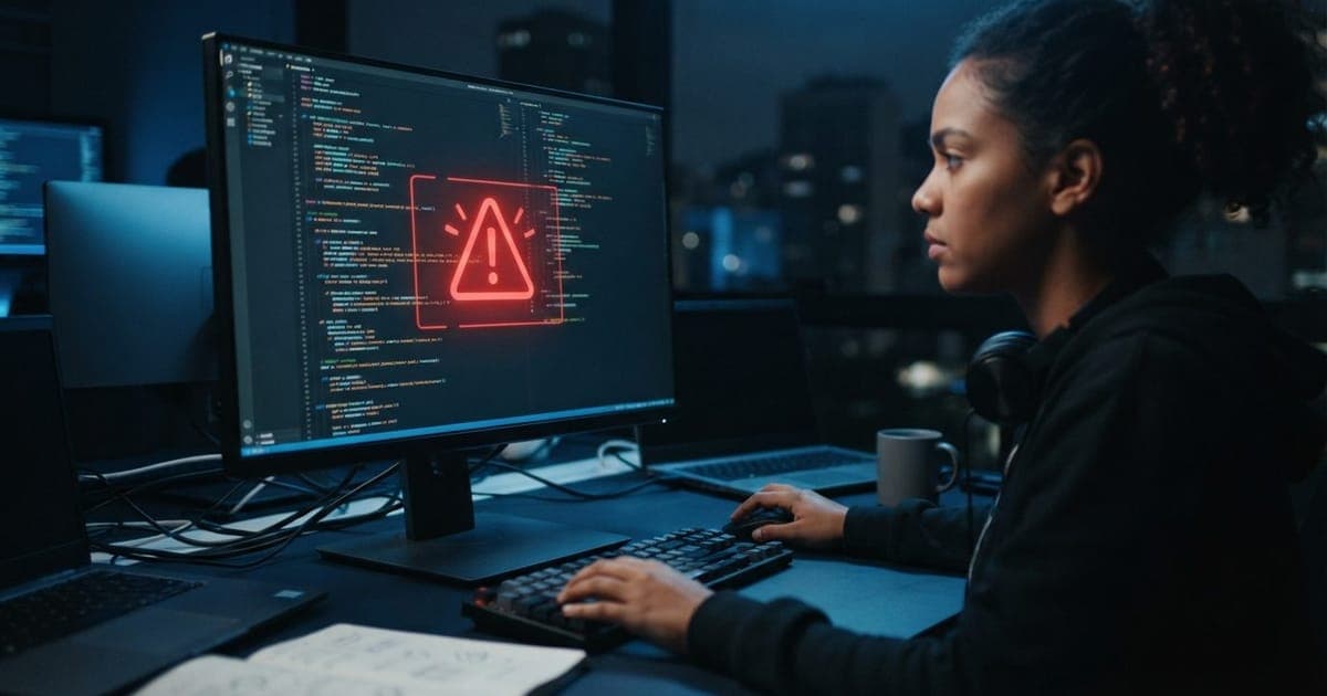 Linhas de código Python sendo analisadas em um monitor com ícone de alerta de segurança digital em destaque