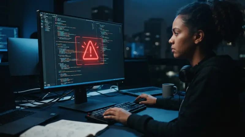 Linhas de código Python sendo analisadas em um monitor com ícone de alerta de segurança digital em destaque