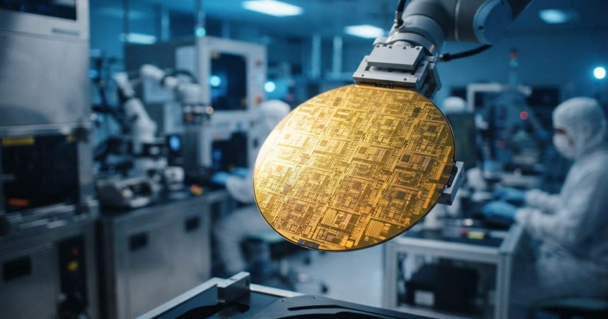 Placa de silício dourada em fábrica moderna sob luz azul, ilustrando o avanço dos chips e componentes de tecnologia do Brasil Semicon.