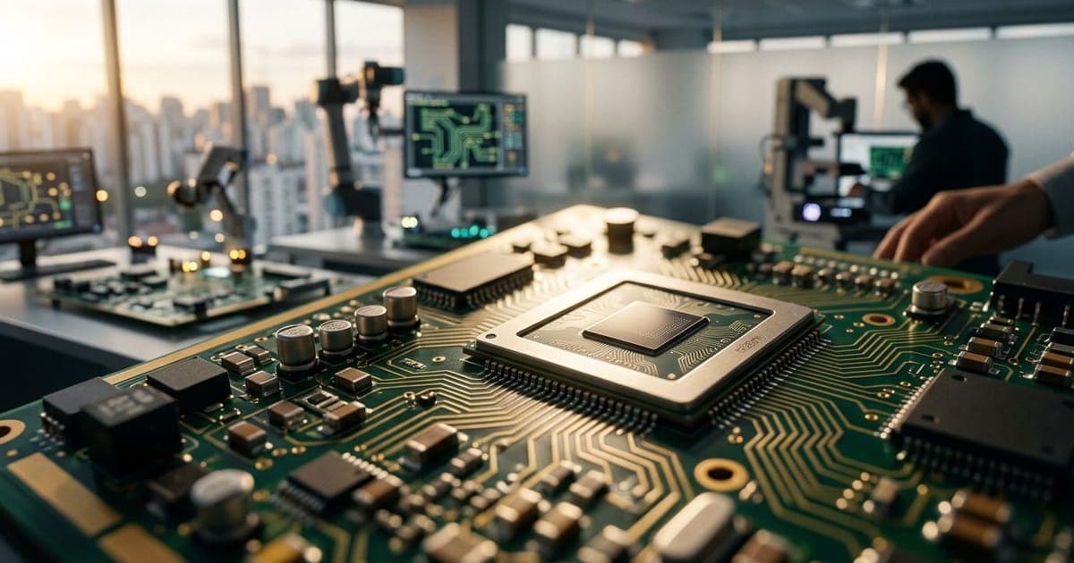 Placa de circuito integrado e chips de silício representando o avanço tecnológico do programa Brasil Semicon