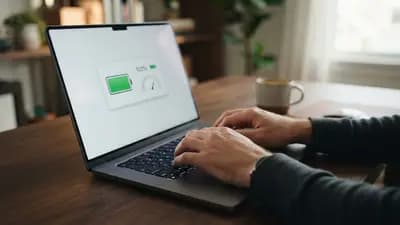 Close-up de mãos digitando em um notebook aberto em uma mesa de trabalho com ícones de bateria carregada na tela