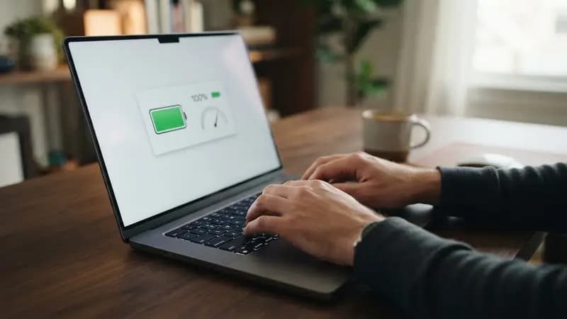 Close-up de mãos digitando em um notebook aberto em uma mesa de trabalho com ícones de bateria carregada na tela