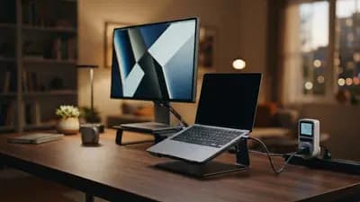 Monitor 4K moderno conectado a um notebook via cabo USB-C em um setup de home office organizado com medidor de energia